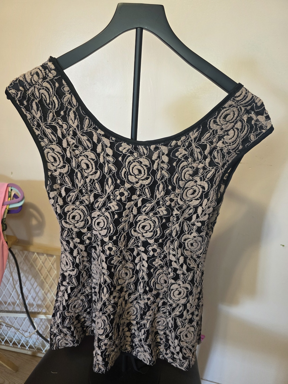 Black and Cream Floral Lace Fit-and-Flare Blouse